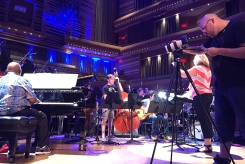 Mike Perdue (right) shooting Oliver Jones during soundcheck at the Montreal Symphony House.